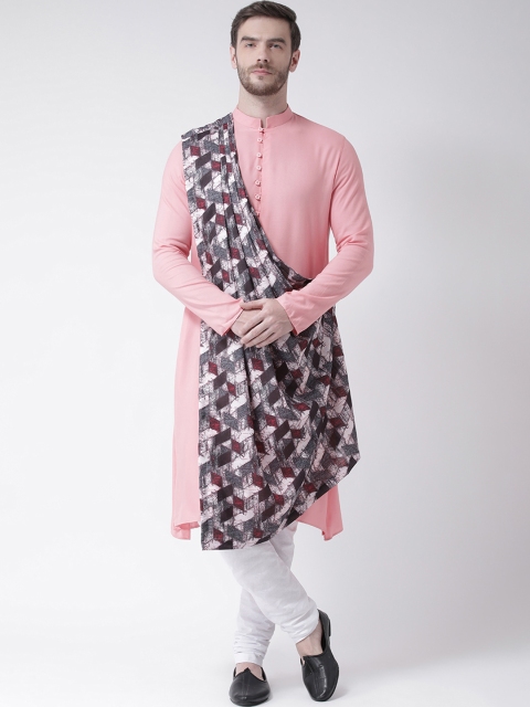 DEYANN Men Pink & White Printed Drape Kurta with Churidar