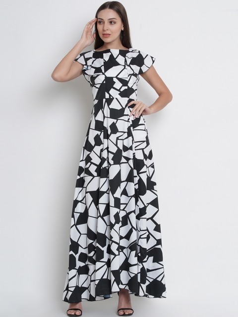 Lady Stark Women White & Black Printed Maxi Dress