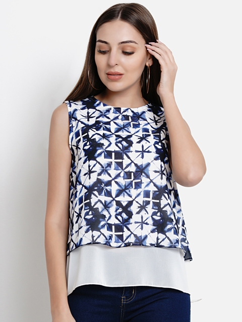 Lady Stark Women Blue & White Printed A-Line Top