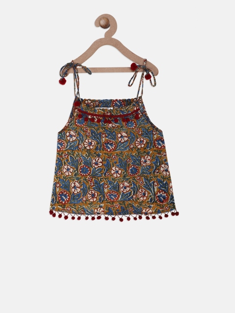 BownBee Girls Brown & Blue Printed A-Line Pure Cotton Top