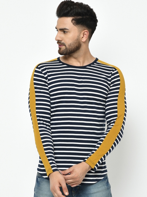 Rigo Men Navy Blue & White Striped Round Neck T-shirt