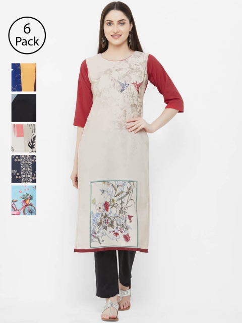 7Threads Women Pack of 6 Printed Straight Kurtas, Cream