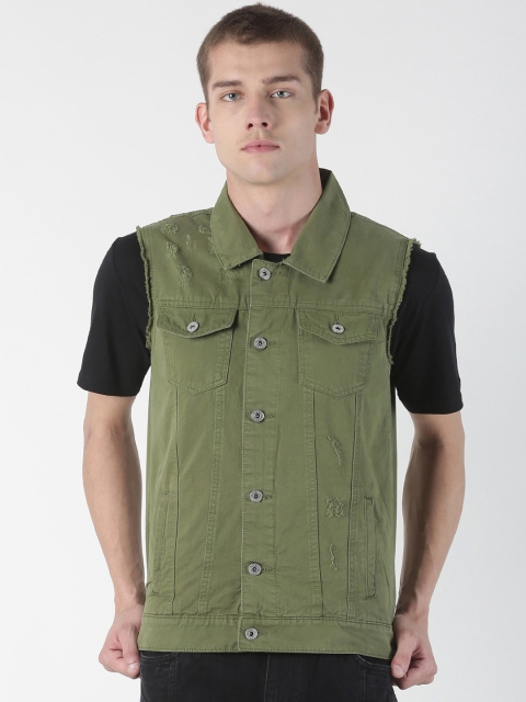 Blue Saint Men Olive Green Solid Denim Jacket