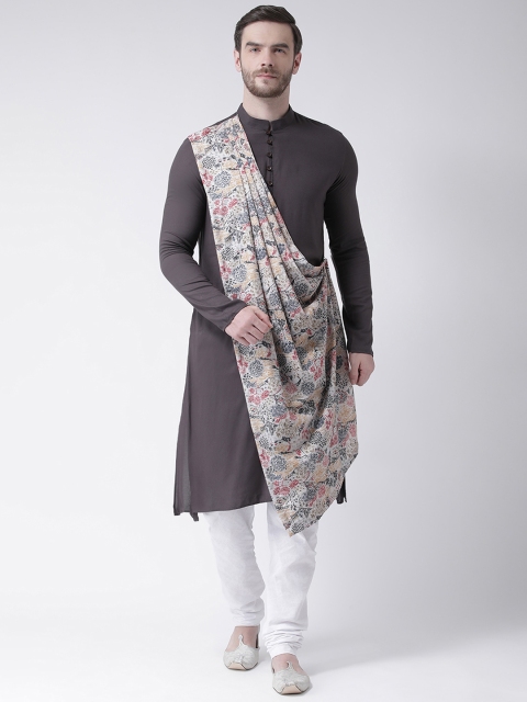 DEYANN Men Grey & Cream-Coloured Printed Drape Kurta with Churidar