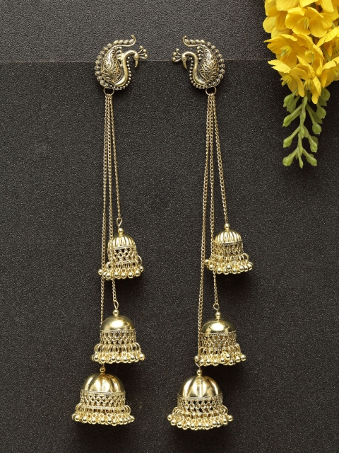 Infuzze Gold-Toned & Silver-Plated Peacock Shaped Jhumkas