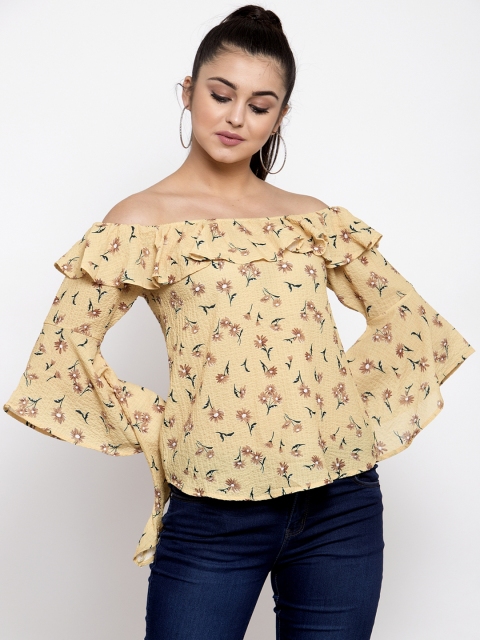 Global Republic Women Mustard Yellow & Brown Printed Bardot Top