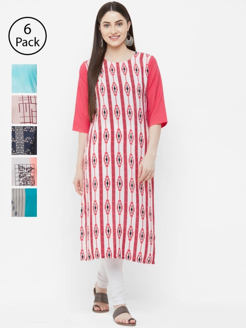 7Threads Women Pack of 6 Printed Straight Kurtas, Red