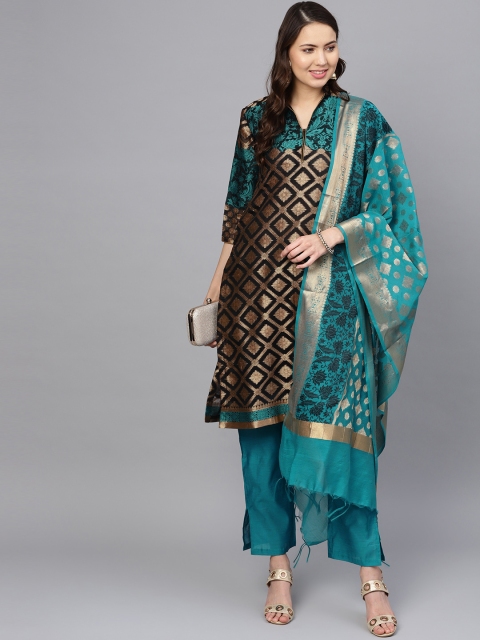 Chhabra 555 Turquoise Blue & Gold-Toned Art Silk Unstitched Dress Material
