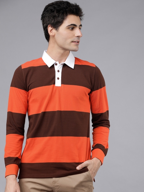 HIGHLANDER Men Orange & Brown Striped Polo Collar T-shirt