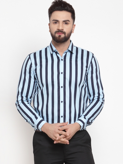 JAINISH Men Turquoise Blue & Black Regular Fit Striped Formal Shirt