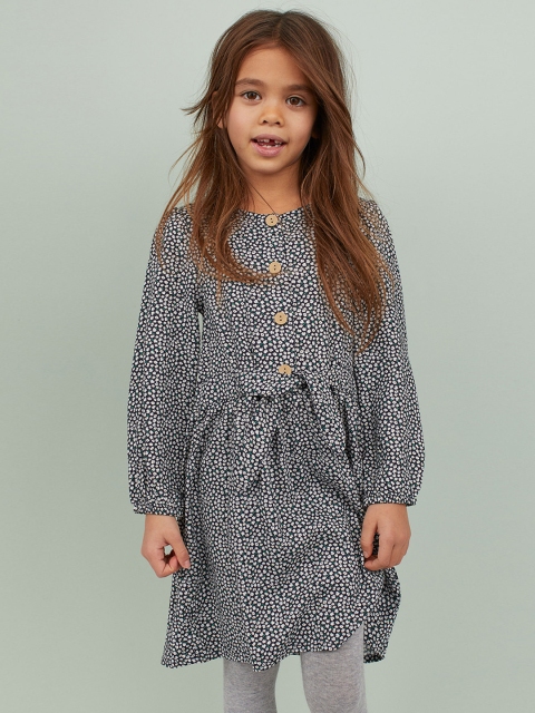 H&M Girls Blue & White Floral Printed Viscose Dress With Ties