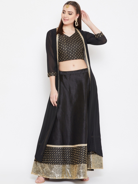studio rasa Women Black & Gold-Coloured Embroidered Ethnic Crop Top with Shrug