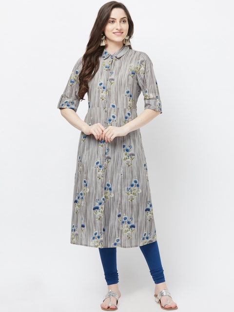 Fusion Beats Women Grey & Blue Printed Straight Kurta