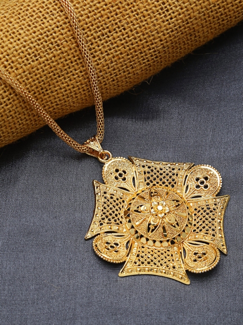 ZeroKaata Gold-Plated Square Floral Motif Ethnic Handcrafted Pendant With Chain
