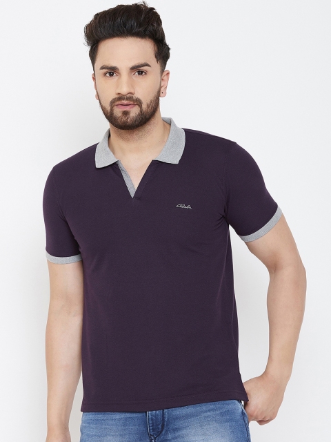 Adobe Men Purple Solid Polo Collar T-shirt