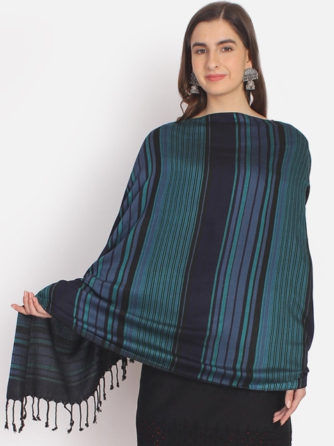 Anekaant Women Black & Turquoise Blue Striped Shawl