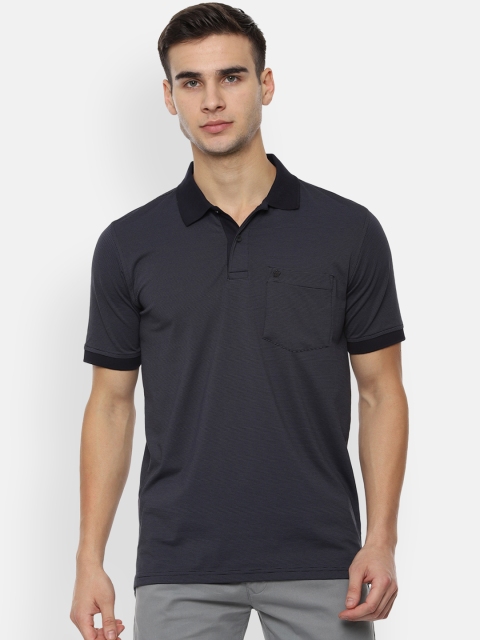 Louis Philippe Men Navy Blue Striped Polo Collar T-shirt