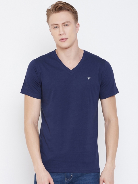 NEVA Men Navy Blue Solid V-Neck T-shirt