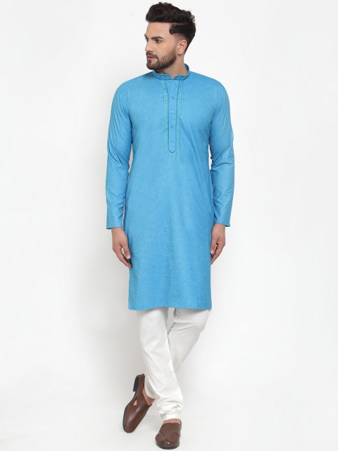 Jompers Men Turquoise Blue & White Solid Kurta with Churidar