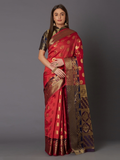 Mitera Red Silk Blend Woven Design Banarasi Saree