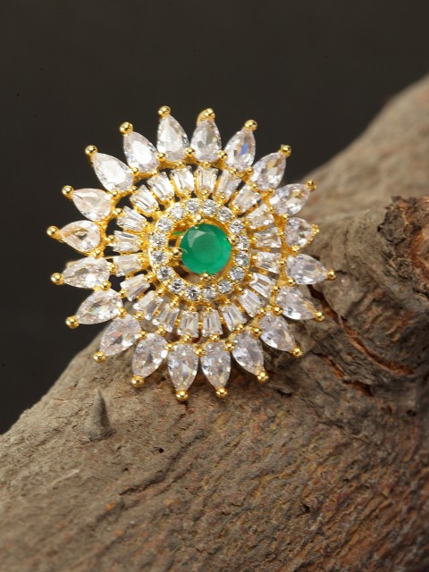Bhana Fashion Gold-Plated White & Green AD-Studded Circular-Shape Handcrafted Finger Ring
Bhana Fashion Gold-Plated White & Green AD-Studded Circular-Shape Handcrafted Finger Ring
