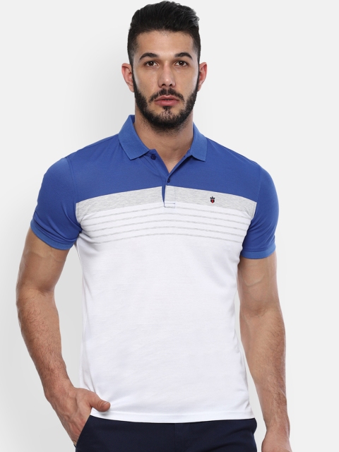 Louis Philippe Sport Men White & Blue Striped Polo Collar T-shirt
