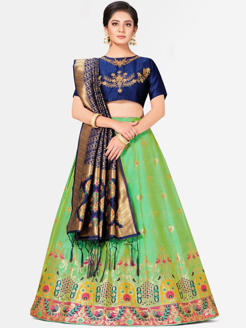 MIMOSA Navy Blue & Green Embroidered Semi-Stitched Lehenga & Blouse with Dupatta