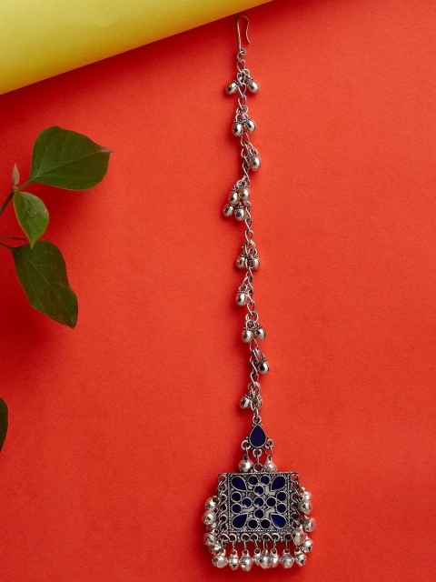 ZeroKaata Oxidised Silver-Plated & Blue Enamelled Tribal Maang Tikka