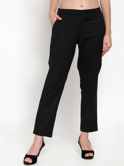 Ayaany Women Black Straight Fit Solid Cigarette Trousers