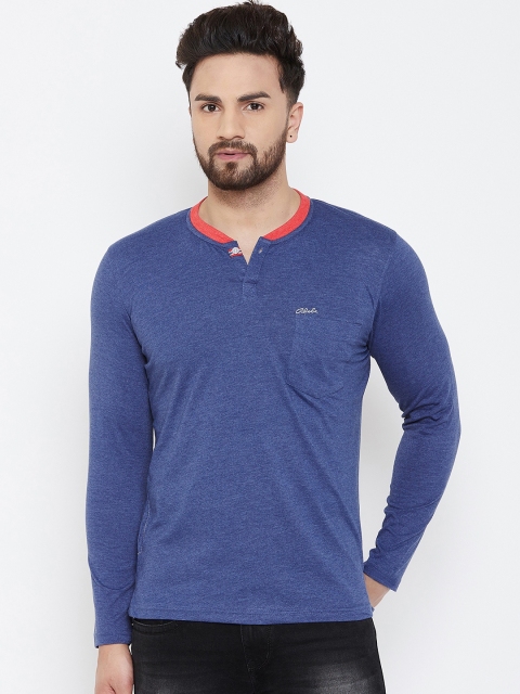 Adobe Men Blue Solid Mandarin Collar T-shirt