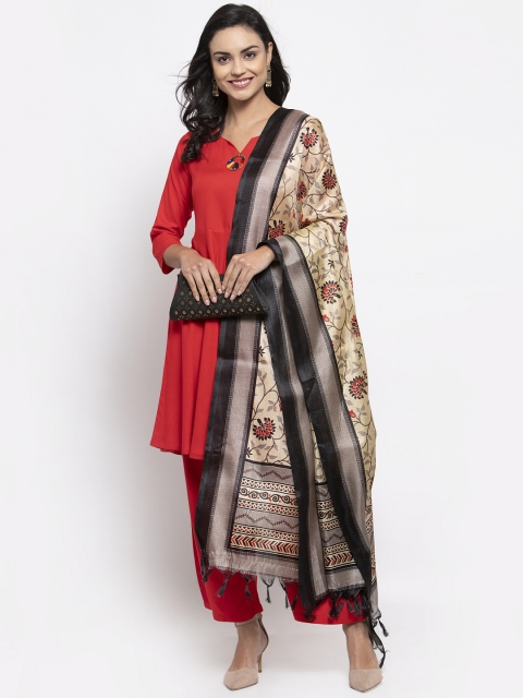 Jompers Women Red & Beige Solid Kurta with Palazzos & Dupatta
