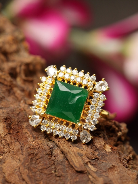 Bhana Fashion Gold-Plated & Green AD-Studded Handcrafted Finger Ring