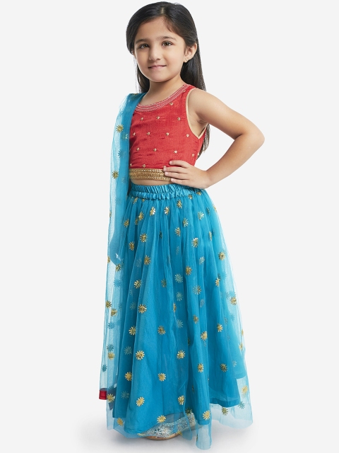 KID1 Girls Red & Blue Embroidered Ready to Wear Lehenga & Blouse with Dupatta