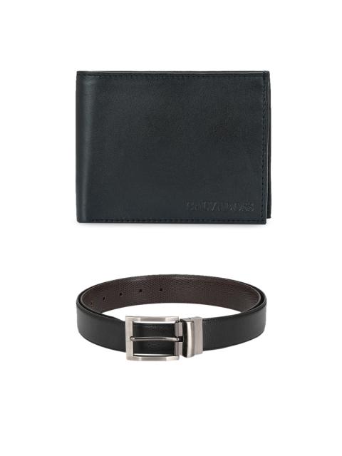 Calvadoss Men Black & Brown Leather Belt & Wallet Accessory Gift Set