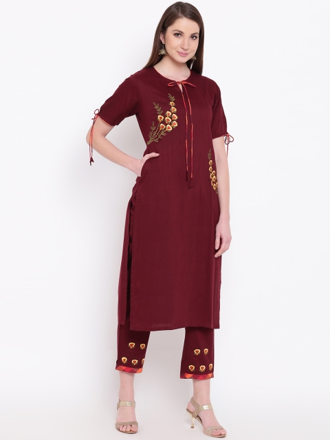 Shakumbhari Women Maroon Embroidered Kurta with Trousers
