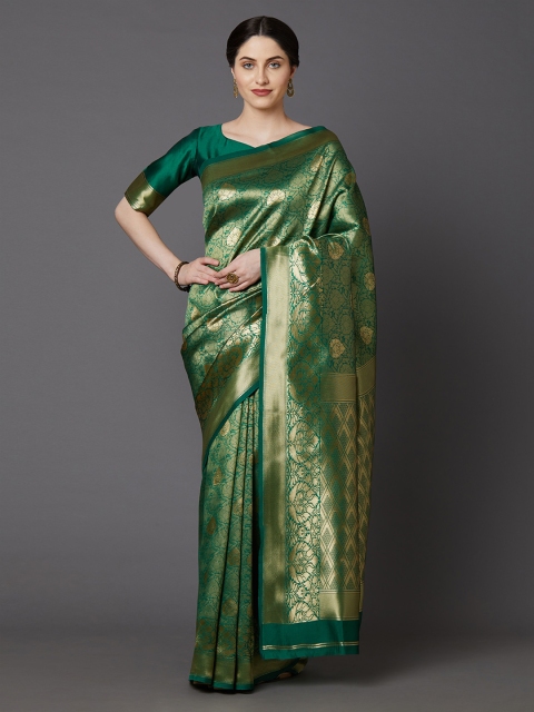 Mitera Green & Gold-Coloured Silk Blend Woven Design Banarasi Saree