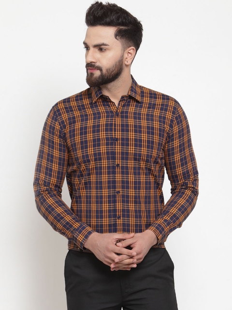 JAINISH Men Navy Blue & Orange Regular Fit Checked Formal Shirt