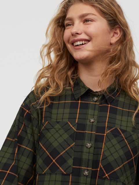 H&M Women Green & Beige Checked Cotton Shirt
