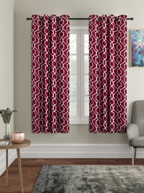 Cortina Set of 2 Maroon & Off-White Printed Black Out Window Curtains