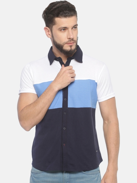 T-Tog Men White & Blue Slim Fit Colourblocked Knitted Casual Shirt