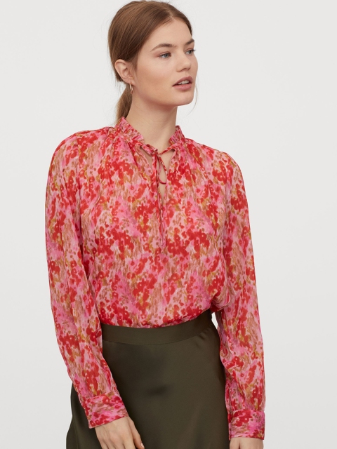 H&M Women Pink & Red Printed Pleated-Collar Blouse