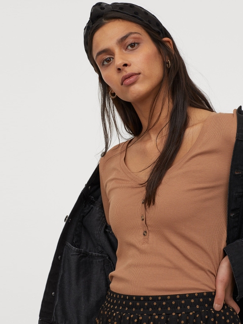 H&M Women Beige Solid Ribbed Top