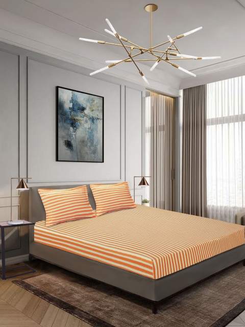 Aura Mustard Striped 140 TC Polyester 1 Queen Bedsheet with 2 Pillow Covers