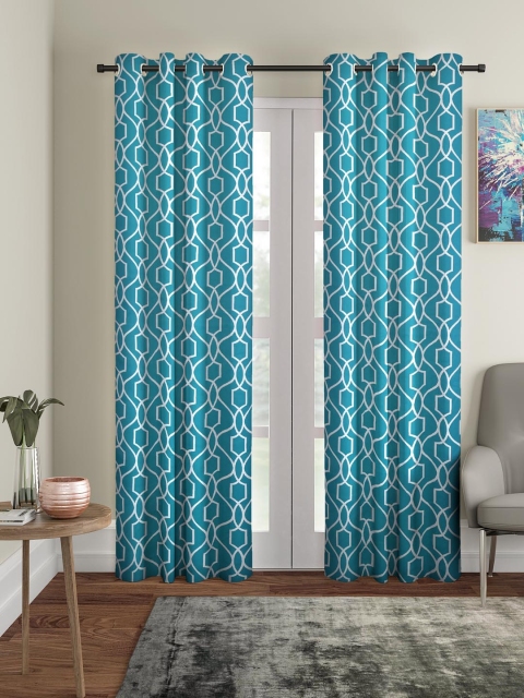 Cortina Set of 2 Sea Green & Off-White Printed Black Out Door Curtains