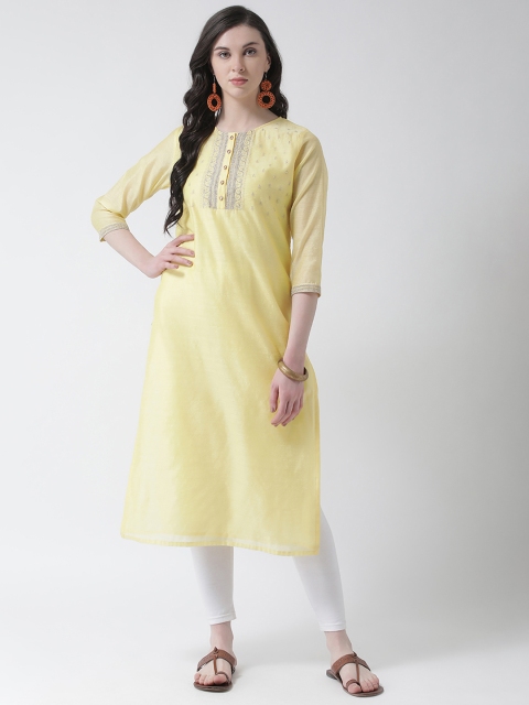 Aayna Women Yellow & Gold-Coloured Yoke Design Straight Kurta