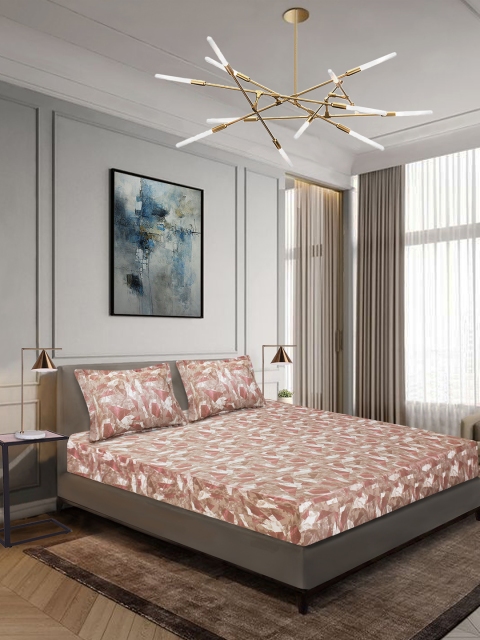 Aura Brown & White Abstract 210 TC Cotton 1 King Bedsheet with 2 Pillow Covers