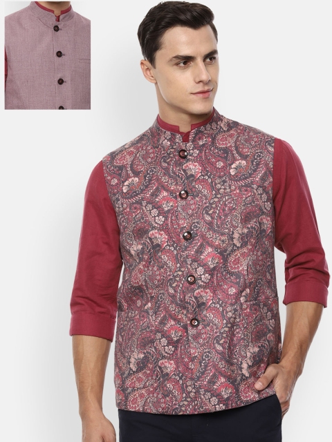 V Dot Men Pink Printed Reversilble Nehru Jacket
