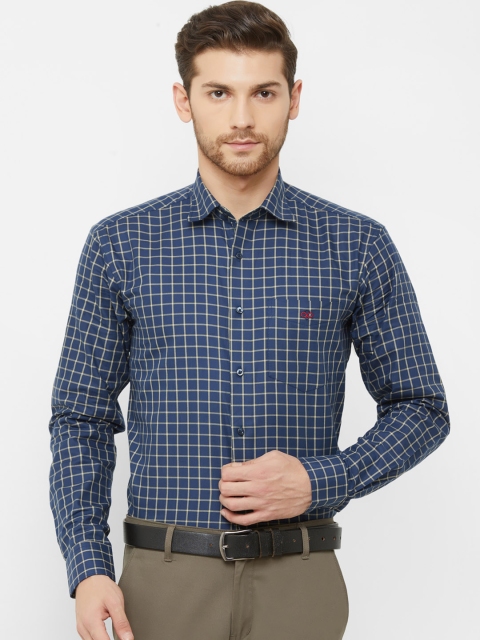 Donzell Men Blue & Cream-Coloured Regular Fit Checked Formal Shirt