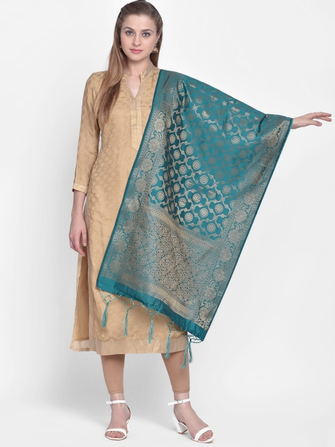 Dupatta Bazaar Teal Blue & Gold-Coloured Woven Design Banarasi Silk Dupatta