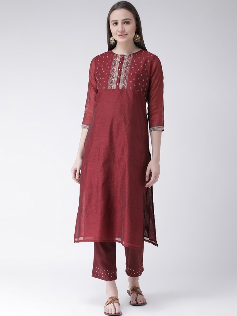 Aayna Women Maroon & Gold-Coloured Embroidered Straight Kurta
